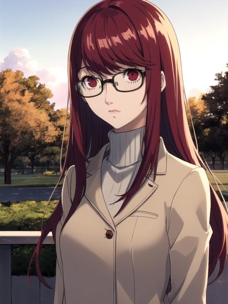 3876296394-masterpiece, best quality, 1girl, solo, dssumire, red hair, long hair, straight hair, red eyes, glasses, coat, turtleneck, park,.png